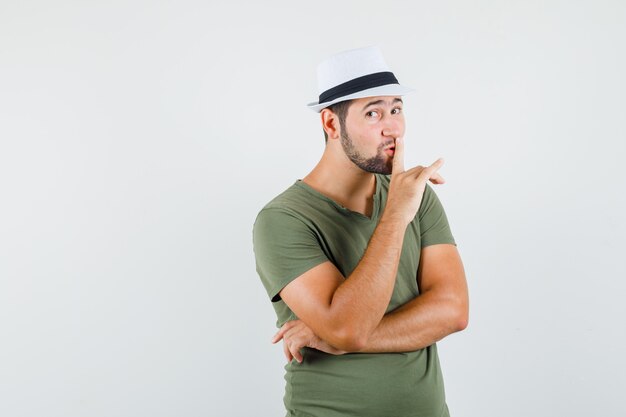 Varón joven mostrando gesto de silencio en camiseta verde y sombrero y mirando con cuidado