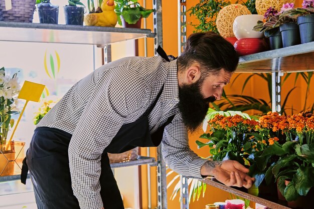 Varón tatuado barbudo trabaja en una tienda de mercado de flores.