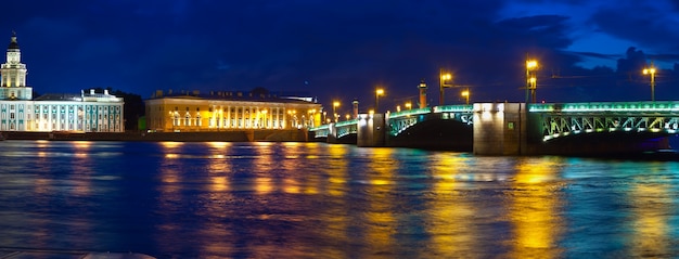 Vasilyevsky isla y el puente del palacio en la noche