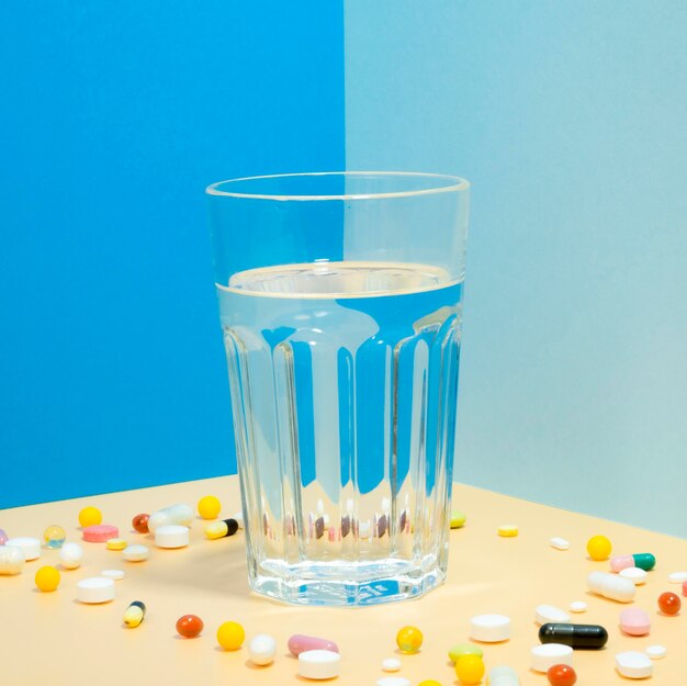 Vaso de agua con pastillas alrededor