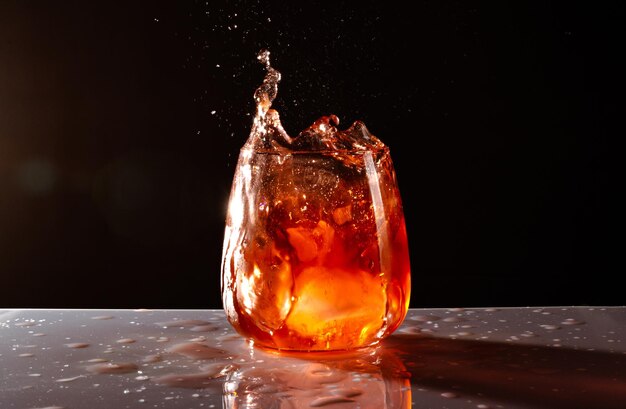 Vaso de una bebida alcohólica salpicada de rojo y naranja sobre un fondo oscuro