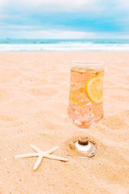 Vaso de bebida fresca con rodajas de cítricos y estrellas de mar.