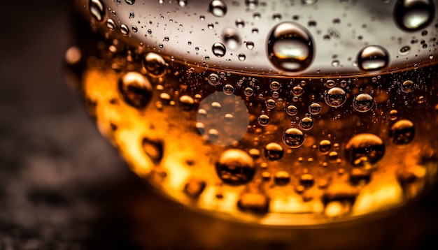 Vaso de cerveza dorada con burbujas espumosas generadas por IA