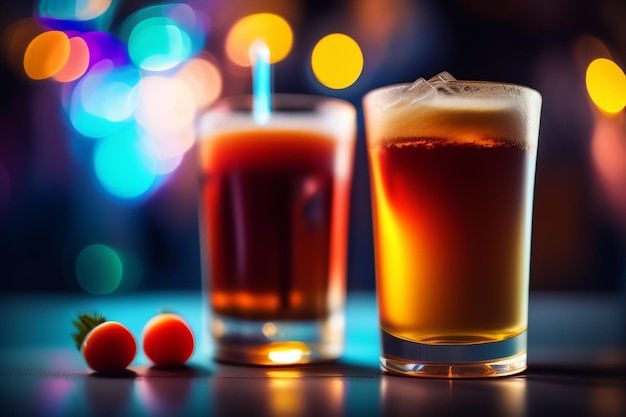 Foto gratuita un vaso de cerveza y un vaso de cerveza se sientan en una barra de bar.