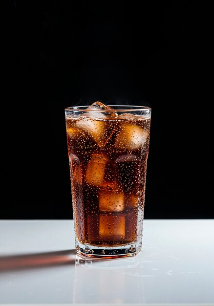 Un vaso de cola con cubitos de hielo.