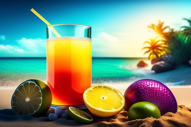 Foto gratuita un vaso de jugo en una playa con una isla tropical al fondo