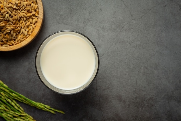 Vaso de leche de arroz con planta de arroz y semillas de arroz en piso oscuro