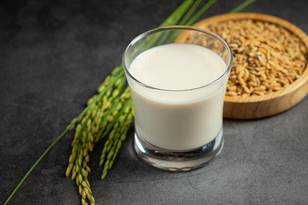 Vaso de leche de arroz con planta de arroz y semillas de arroz en piso oscuro