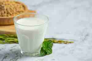 Foto gratuita vaso de leche de arroz con planta de arroz y semillas de arroz en suelo de mármol blanco