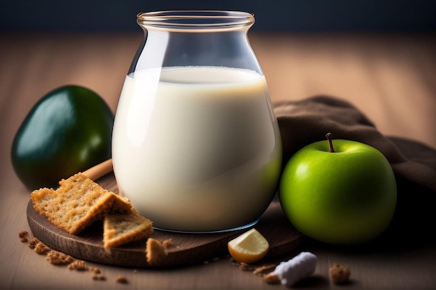 Un vaso de leche junto a una manzana verde y una manzana verde.