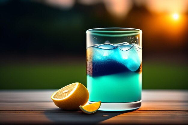 Un vaso de líquido azul junto a la mitad de un limón sobre una mesa.
