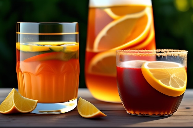 Foto gratuita un vaso de sangría con rodajas de naranja sobre una mesa