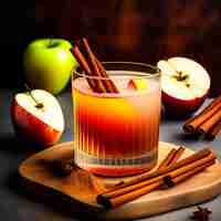 Foto gratuita un vaso de sidra de manzana junto a un vaso de palitos de canela.