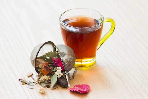 Vaso de té con hojas
