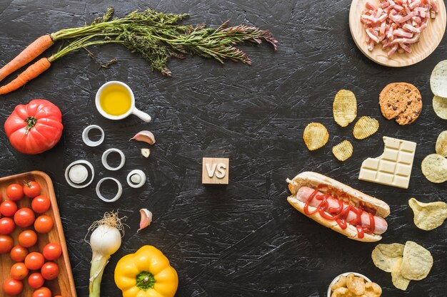 Vegetales orgánicos frescos y saludables frente a la comida chatarra en el trabajo de la cocina