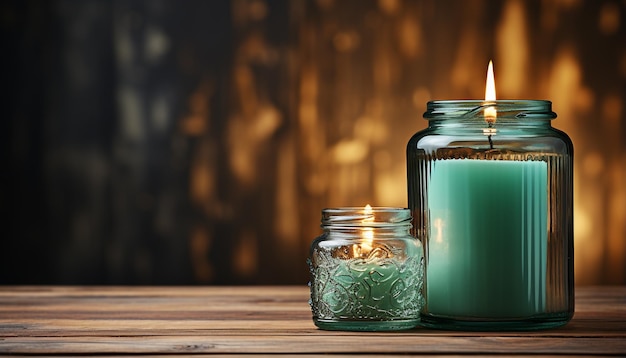 Foto gratuita la vela de aromaterapia brilla brindando relajación en una mesa rústica de madera generada por inteligencia artificial