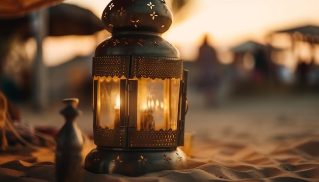 Foto gratuita una vela brillante parpadea en una vieja linterna generada por ia