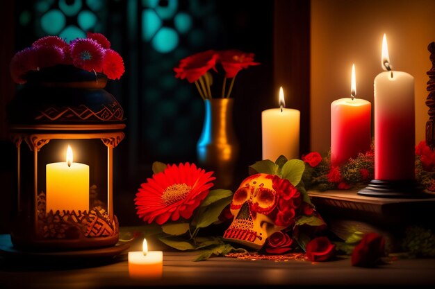 Una vela y una calavera con flores rojas al fondo.