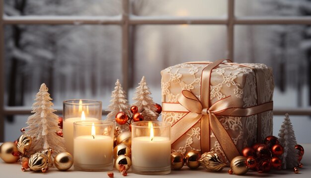 Una vela encendida ilumina la celebración invernal, un regalo de calidez y luz generado por inteligencia artificial