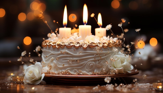 Una vela encendida ilumina el dulce pastel de boda en una elegante mesa generada por inteligencia artificial