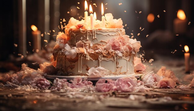 Una vela encendida ilumina la mesa oscura disfrutando de un postre dulce generado por la inteligencia artificial