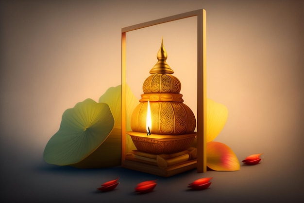 Foto gratuita una vela en un marco con hojas de loto en el lado izquierdo