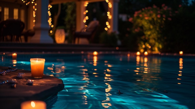 Una velada nocturna en la piscina con velas flotantes iluminadas que crean una atmósfera mágica.
