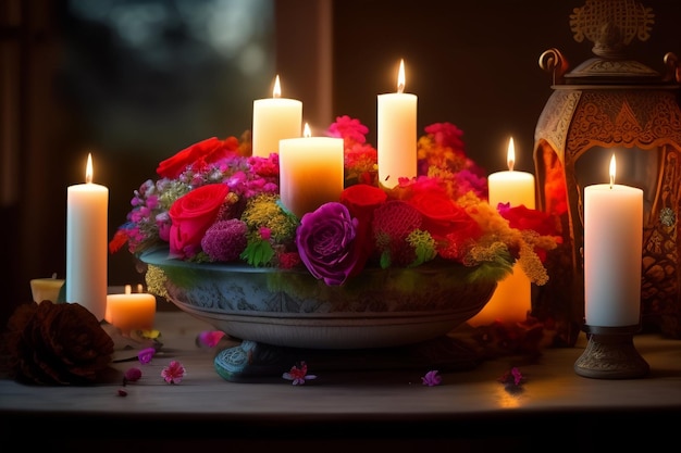 Foto gratuita las velas y las flores se encienden en un cuenco.