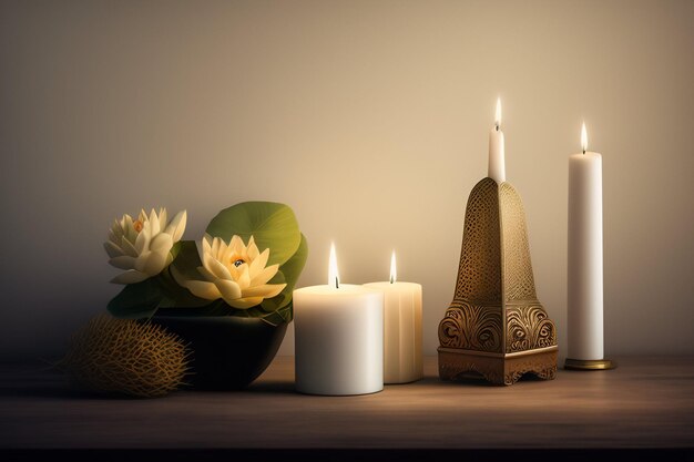 Velas en una mesa con flores de loto y una vela.