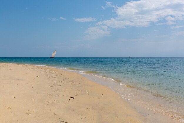 Velero en el océano tranquilo por la playa de arena capturada en Zanzíbar, África