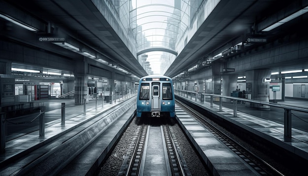 Foto gratuita las velocidades del tren de metro a través de la ciudad reflejan la arquitectura moderna y la tecnología generada por la inteligencia artificial