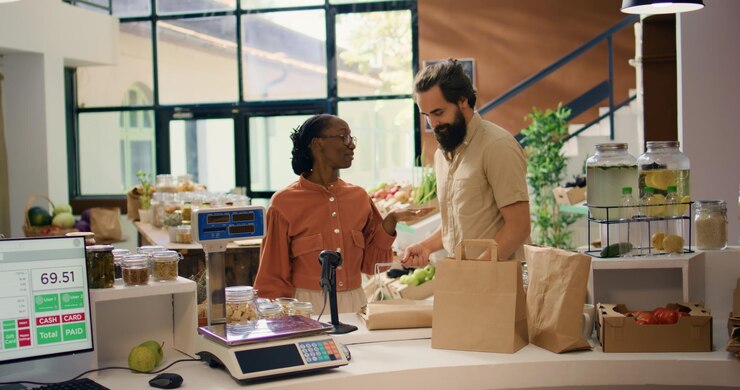 Foto gratuito el vendedor ayuda al cliente en la tienda de comestibles