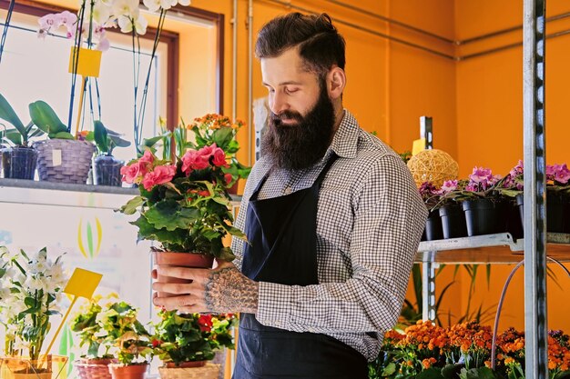 El vendedor de flores con estilo barbudo tiene rosas rosas en una tienda de mercado.