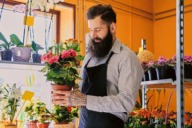 El vendedor de flores con estilo barbudo tiene rosas rosas en una tienda de mercado.