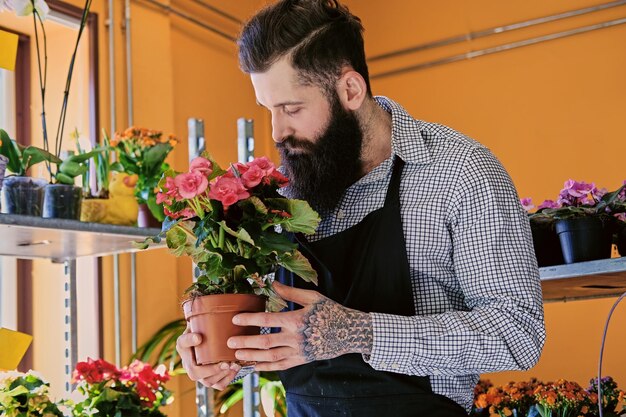 El vendedor de flores con estilo barbudo tiene rosas rosas en una tienda de mercado.