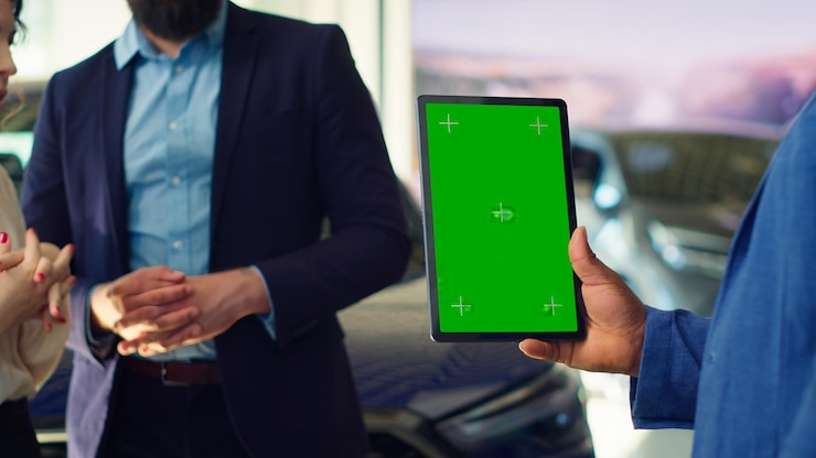Foto gratuito vendedor que utiliza una tableta de pantalla verde para presentar opciones de complementos de automóviles a los clientes