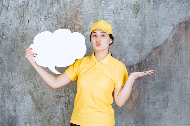 Una vendedora en uniforme amarillo sosteniendo un tablero de información en forma de nube y mostrando signos positivos.