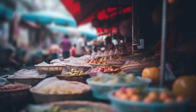 Vendedores ambulantes que venden mariscos y vegetales frescos generados por IA