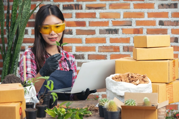 Venta de plantas en línea; mujer sosteniendo una maceta de planta y usando laptop