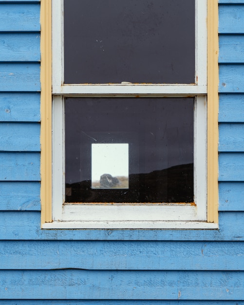 ventana en una pared azul de madera de una cabaña