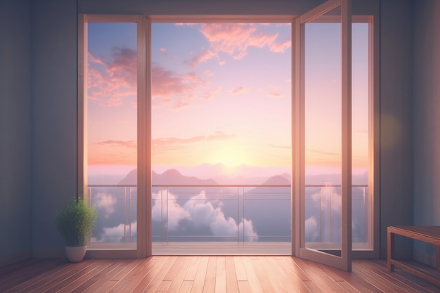 Ventana con vista al paisaje surrealista y mágico