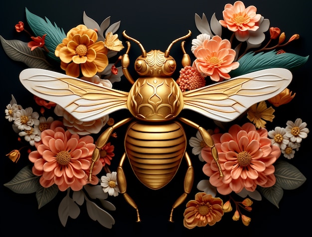 Foto gratuita ver insecto abeja 3d con flores.