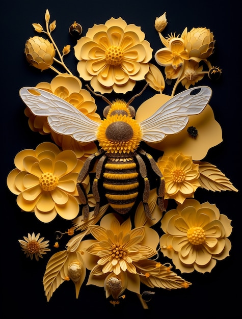 Foto gratuita ver insecto abeja 3d con flores.