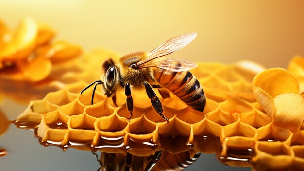 Ver insecto abeja 3d con panal y flores.