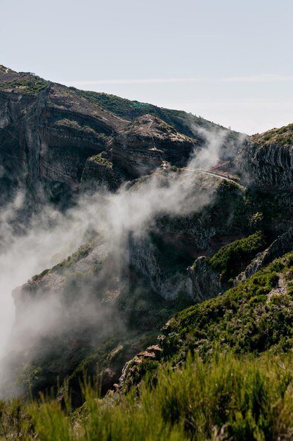 Verde salvaje sube bajo nubes bajas contra el cielo azul claro Naturaleza increíble Naturaleza maravillosa en la isla en las montañas