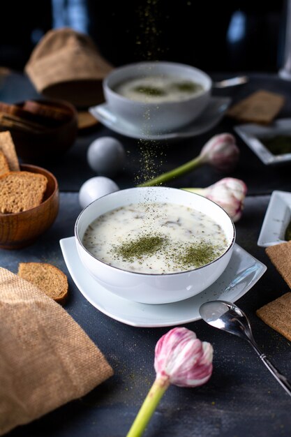 Verdes dovga sopa ligera blanca con diferentes hierbas en gris