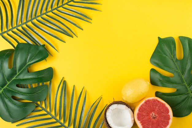 Verdes hojas de plantas tropicales cerca de frutas y coco.