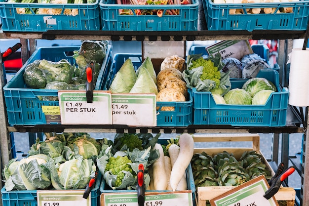 Verduras frescas en cajas azules en el estante con etiqueta de precio