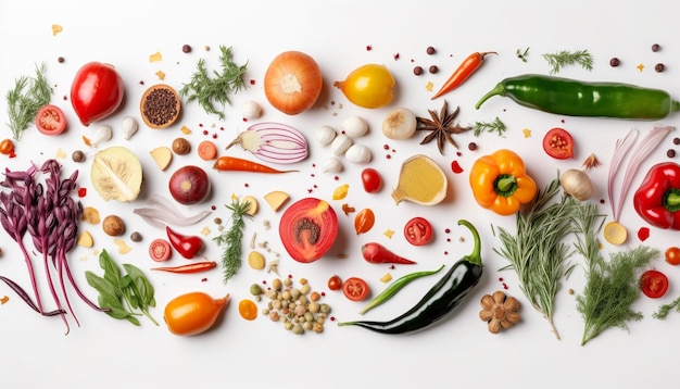 Las verduras frescas y las hierbas hacen comidas gourmet saludables generadas por IA