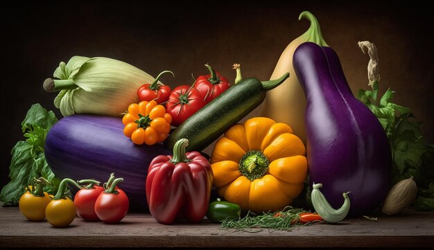 Verduras frescas de otoño en la mesa de madera comida saludable IA generativa